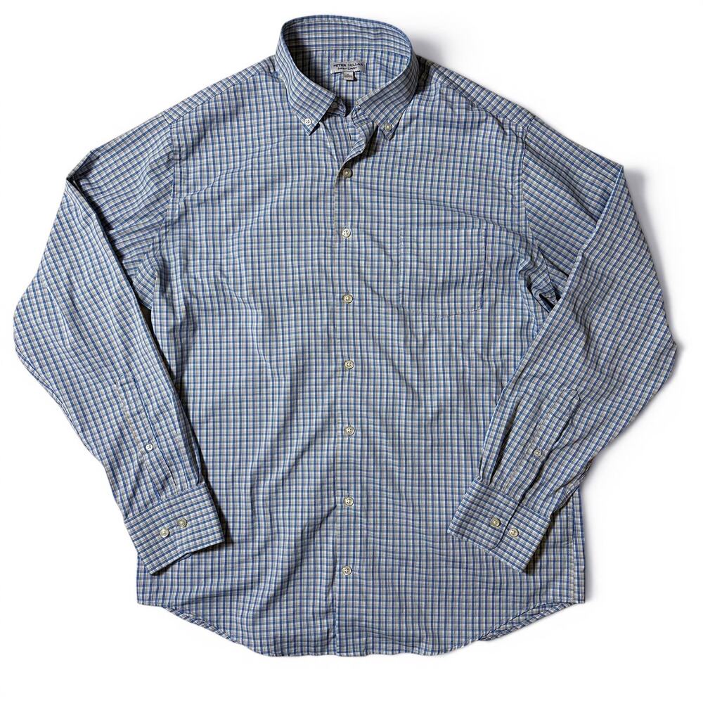 Peter Millar Summer Comfort Button Up Shirt Mens Size L Blue Plaid Check Stretch
